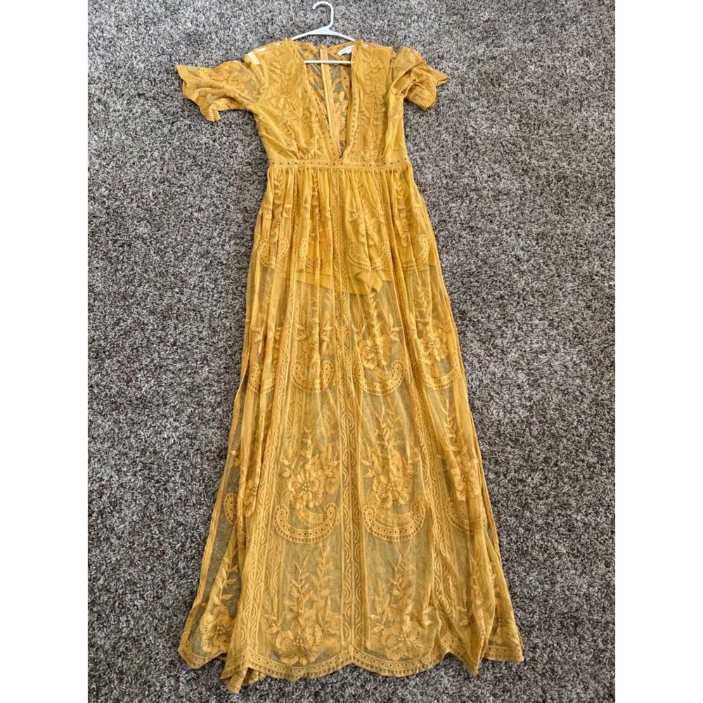 Honey Punch Mustard Yellow Floral Lace Maxi Dress Whimsy Boho Fairy Womens Large